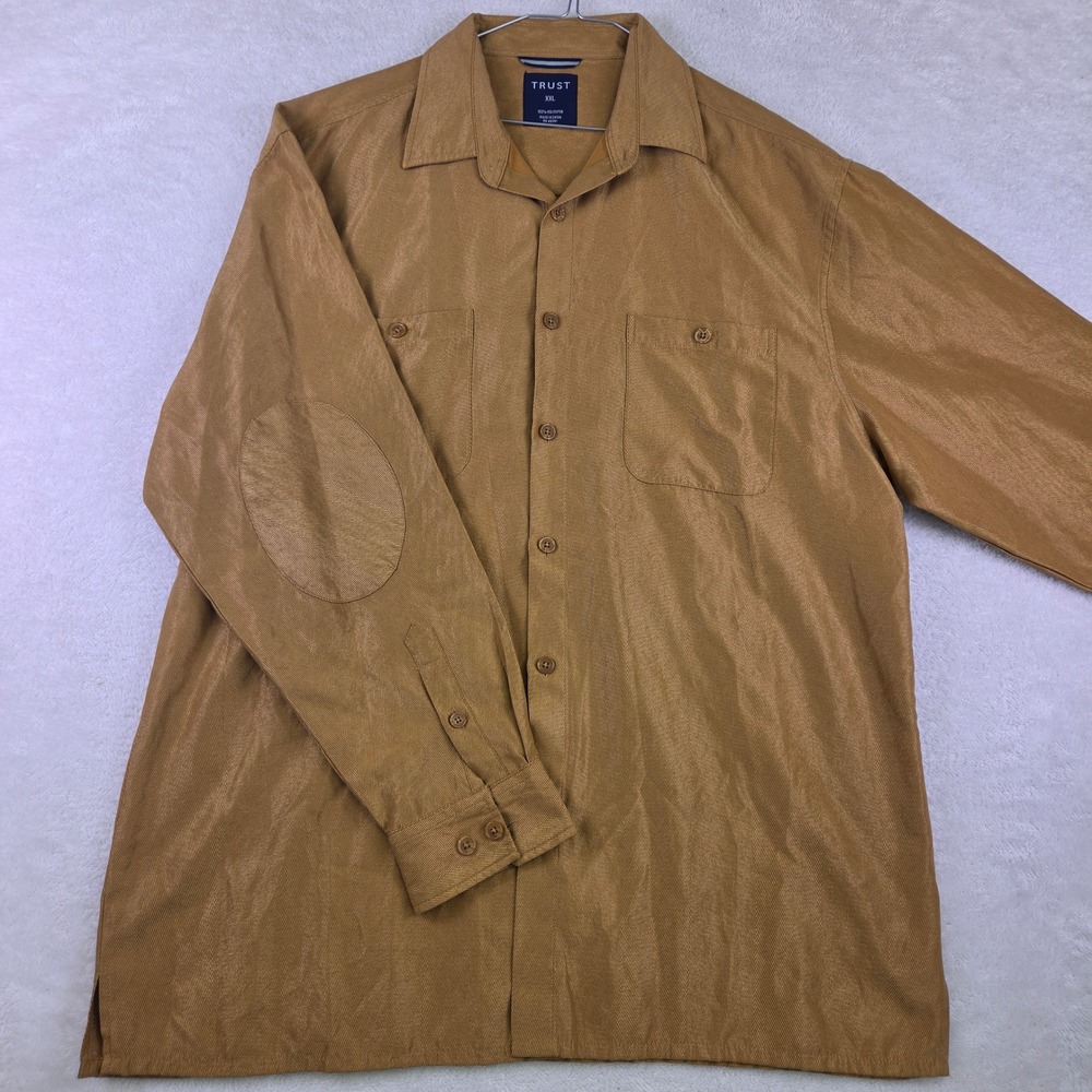 Trust Mens XXL Brown Herringbone Button Down Shirt Elbow Patches Pockets 4003